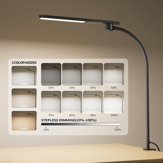 Honeywell HJ2 Sunturalux™ Clamp LED Desk Lamp, CRI≥97 Full-Spectrum Eye-Caring Light, 3 Color Modes & Stepless Dimming, 16" Flexible Gooseneck for Reading, Home Office, Art Creation (Black)