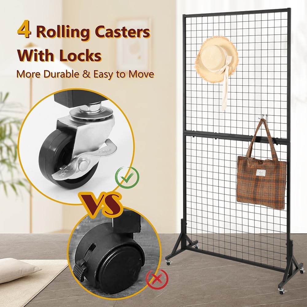 3 Packs 1.8' x 5.7' Grid Wall Panels Standing Wire Grid, Display Rack with T-Base Wheels Freestanding Gridwall Panel Tower for Shows, Black