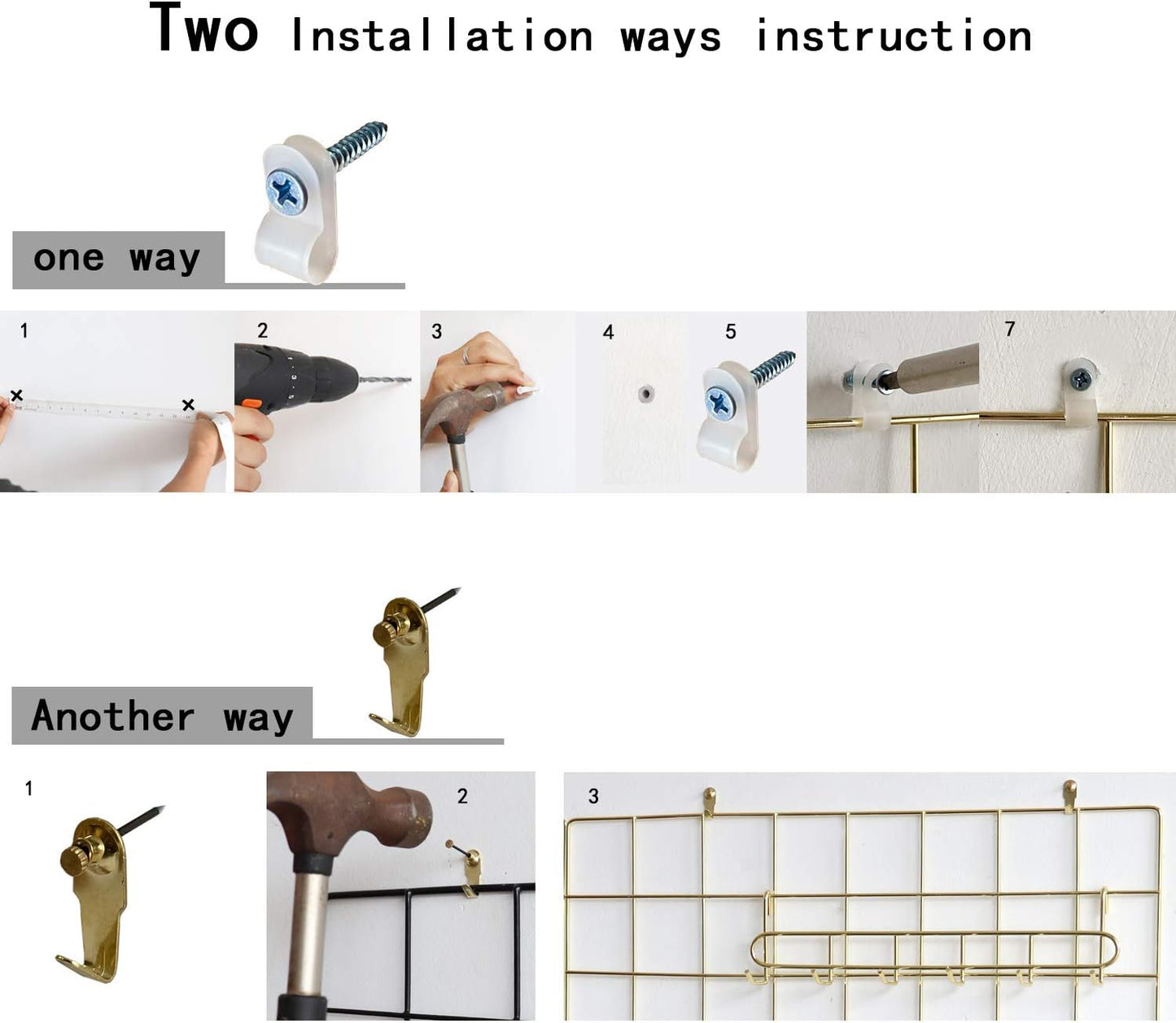 Wall Grid Panel for Photo Display,Wall Storage Organizer,5 Metal Clips & 3 S Hooks & 4 Nails & 4 Plastic Hanging Buckles and 4 Screws Offered,Size 17.5" x 11.8",2 Pack(Gold)