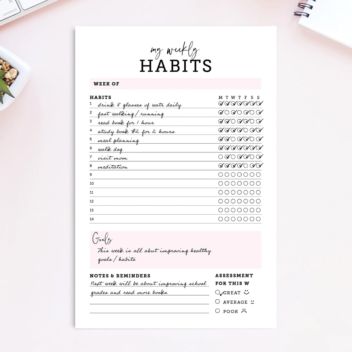 CARDAMONOLY Habit Tracker Notepad in Black and Light Pink- 50 Page Tear Off Planning Pad - 6 x 9 - High Performance Planner - Chore Chart for Adults - Weekly Planner Undated - Self Care Planner