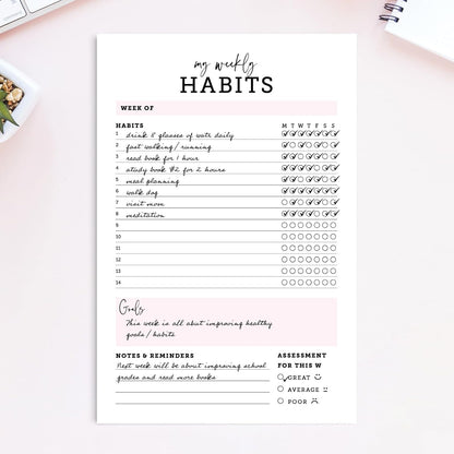 CARDAMONOLY Habit Tracker Notepad in Black and Light Pink- 50 Page Tear Off Planning Pad - 6 x 9 - High Performance Planner - Chore Chart for Adults - Weekly Planner Undated - Self Care Planner