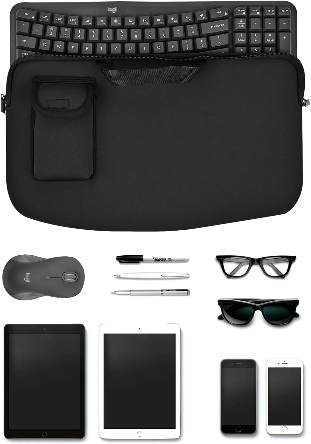 Portable Keyboard Travel Bag Shockproof Waterproof Dustproof Protective Neoprene Sleeve Compatible with Logitech Wave Keys Wavy Keyboard MK670 /Wireless Ergonomic Keyboards Mouse Combo (Black)