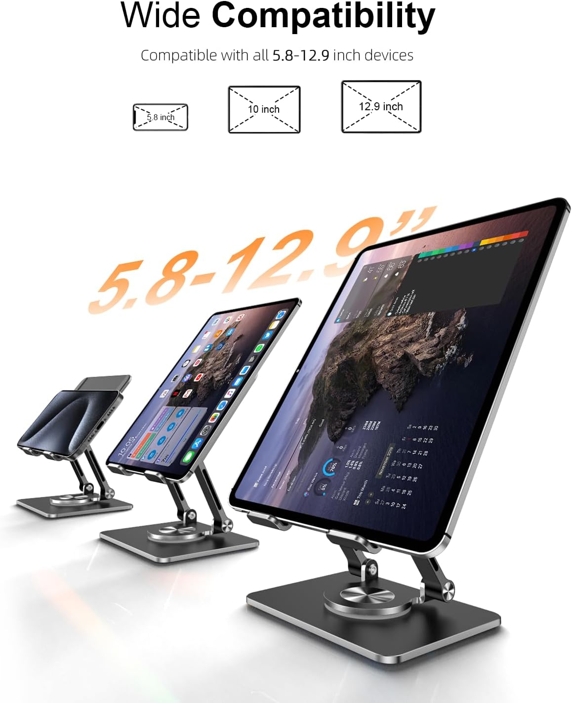 Orlian Tablet Stand Holder with Thickened 360°Rotating Base Dual Rod Adjustable Aluminum Stand for All 5.8-12.9” iPad Samsung Phone Tablet Kindle E-Reader and More, Black