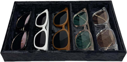 AgentMoon 5-Compartment Velvet Sunglasses & Jewelry Organizer Tray – Adjustable Dividers, Sturdy Wood, Non-Slip Storage for Watches, Glasses, Bracelets, Desk or Drawer.(Tabby Red)