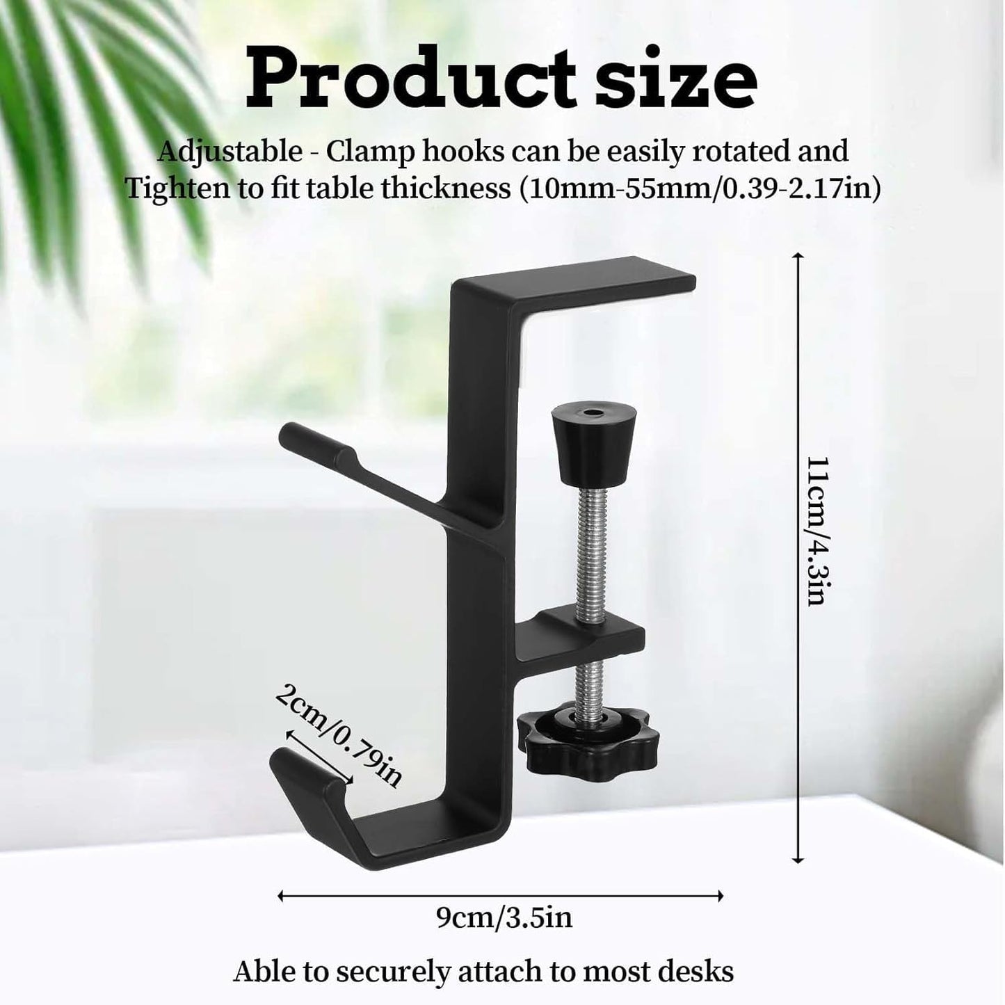 2Pcs Clamp-On Under Desk Headphone Holder Backpack Hook Students' Desk Hook with Adjustable Arm Clamp Women's Bag Handbag and Purse Holder - Suitable for Plate Between 1-5cm / 0.4-1.96” - Black