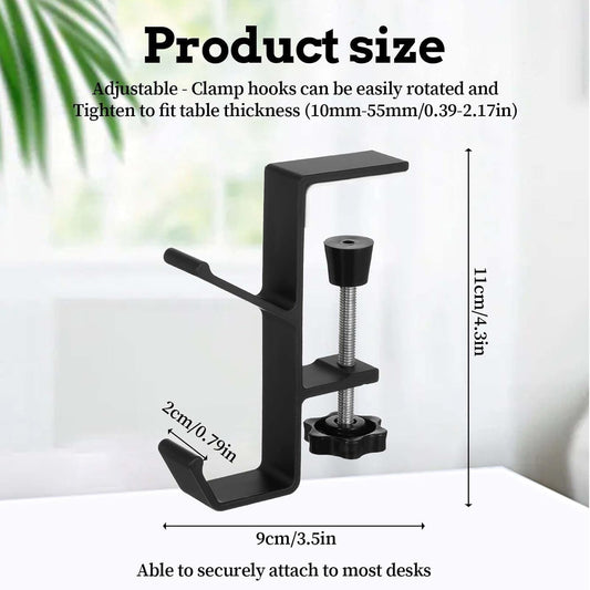 2Pcs Clamp-On Under Desk Headphone Holder Backpack Hook Students' Desk Hook with Adjustable Arm Clamp Women's Bag Handbag and Purse Holder - Suitable for Plate Between 1-5cm / 0.4-1.96” - Black