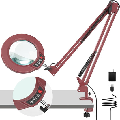 Coyeth 10X Magnifying Glass with Light and Clamp, Real Glass Stand Lighted Magnifier, 5 Color Modes Stepless Dimmable LED Desk Lamp Hands Free for Crafts Hobby Reading Painting Sewing Close Work