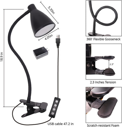 GlowVibe Desk Lamp 3 Color Modes 10 Brightness Dimmer Reading Light 10W 40 LED Clamp Lamp 360° Flexible Neck Clip on Light for Bedroom and Office Home Lighting, AC Adapter Include