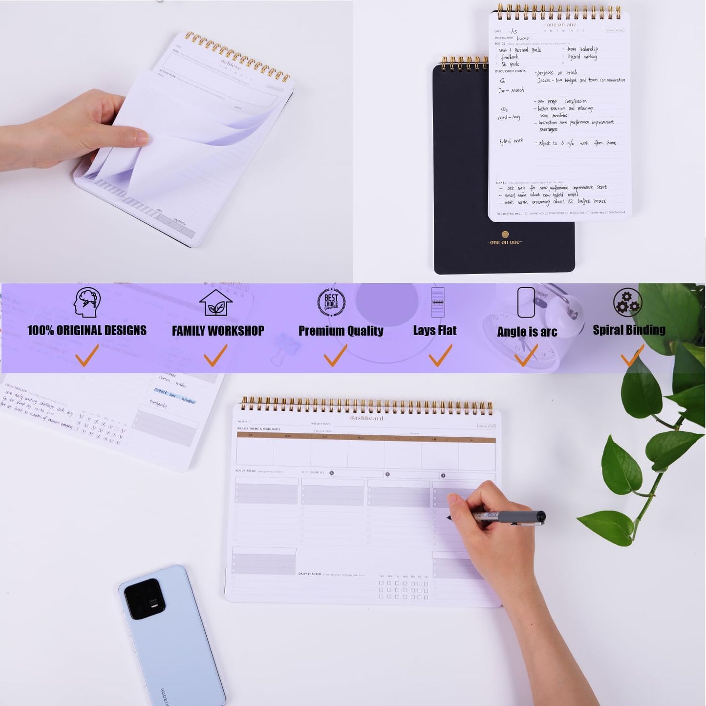 ZERONE CENTRE Productivity Weekly Planner - 54 Sheets Dashboard Spiral Deskpad Has 6 Focus Areas to List Tasks for Goals, Projects, Clients, Academic, or Shopping-Organize Your Daily Work Efficiently