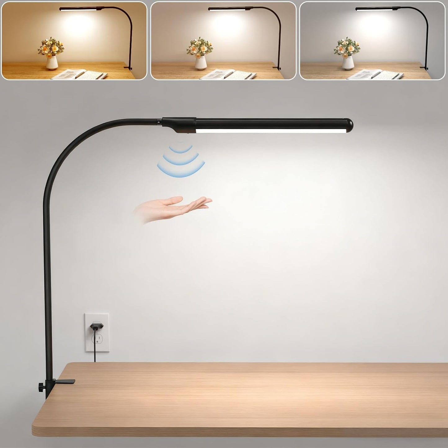 MYPLUS LED Desk lamp with Clamp, Hand Wave Control 5 Color and 10 Level Dimmable LED Clip on Lamp, Bright Table Lights for Home Office,Reading,Desktop Working - White
