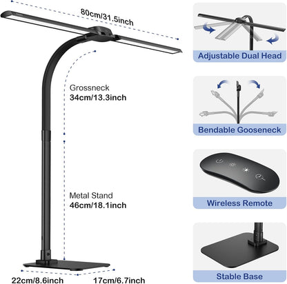 Desk Lamp with USB Charging Port for Home Office 24w Architect Remote Base Dual Task Led Light Modern 5 Color Modes Dimmable Adjustable Gooseneck Double Head Reading Drafting Eye Caring Tall Lamps
