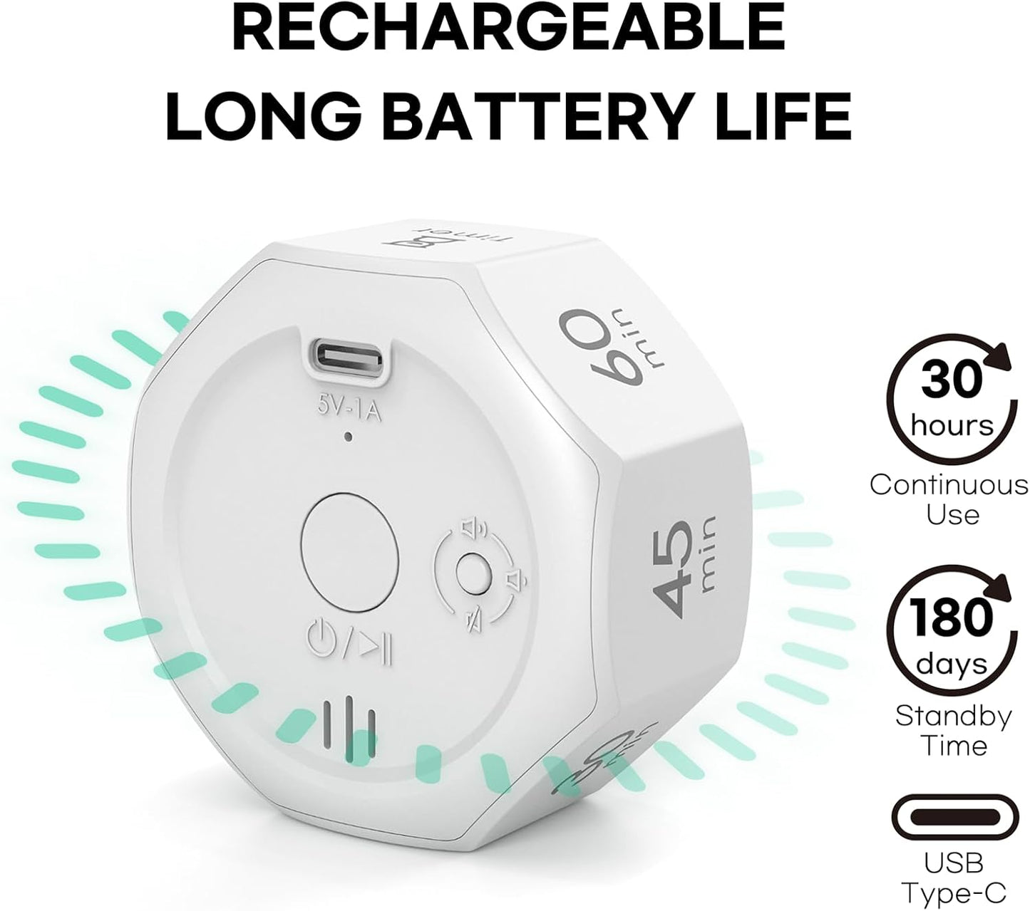 Flip Cube Pomodoro Timer - Rechargeable Visual Countdown & Count Up Stopwatch, 7 Preset Intervals, 3 Alarm Modes, Productivity Tool for ADHD, Kids, Study, Work & Kitchen (White)