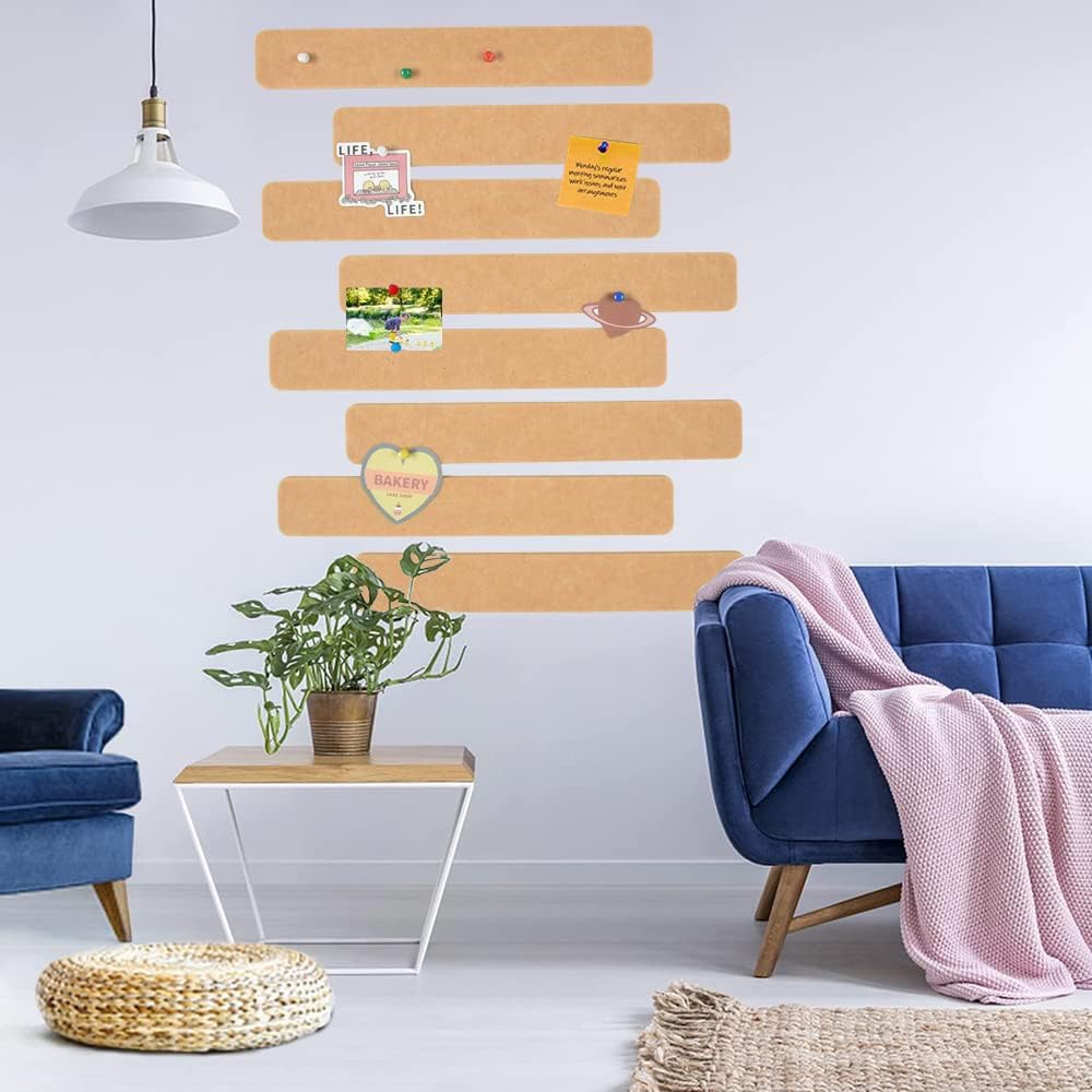 Vuzvuv 8 pcs Bulletin Board Bar Strips with 50 Pushpins & 10 Wooden Clip pins，Self Adhesive Cork Board for Wall，Felt Pin Board for School，Office Decor（Black White Grey）