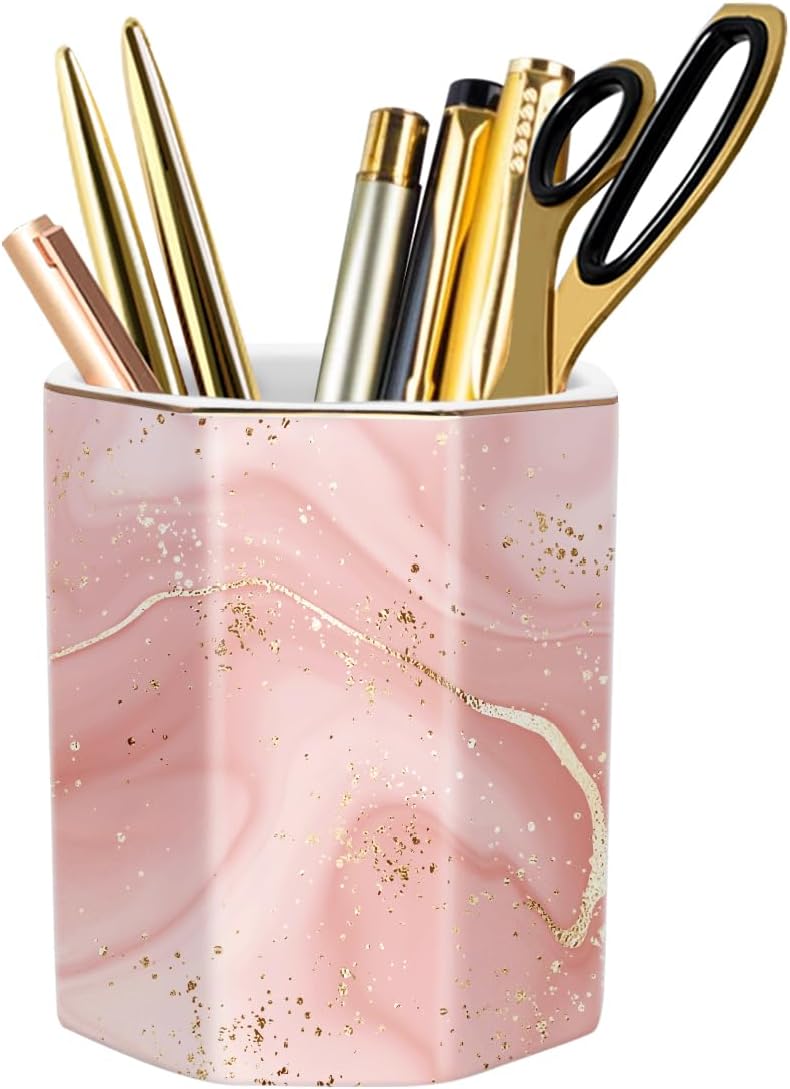 Pen Holder, Pencil Holder for Desk, Marble Desk Organizer Cute, Durable Ceramic Pencil Cup, Decorative Makeup Brush Holder Cup, Stationery Holder for Office, Home, Gray Marble