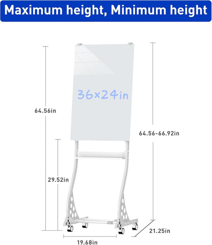40 x 28 inch Mobile Magnetic Glass Whiteboard, Double-Sided Board with Felt Back and Storage for Office & Classroom, White