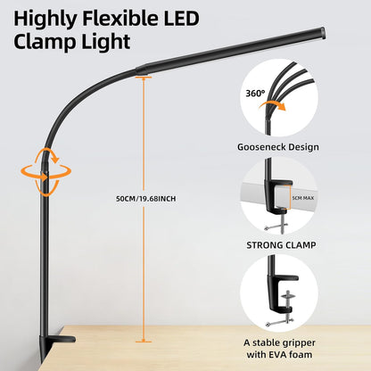 Akynite LED Desk Lamp with Clamp Clip on Reading Light Dimmable USB Small Clamp Lamp with 3 Color Modes 10 Brightness, Adjustable Flexible Gooseneck Workbench Light for Bed Headboard, Nail, Computer
