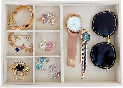 Velvet Sunglasses Organizer Tray 4 Slot, Stackable Eyewear & Glasses Display Case, Premium Beige Velvet, Scratch-Free Lining, Drawer Insert for Dressing Table Vanity Home Retail Trade Show