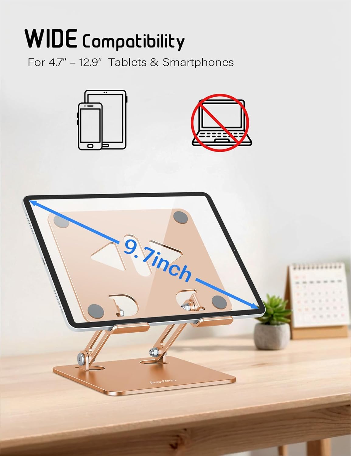 Aoviho Tablet Stand Holder for Desk, Adjustable Aluminum Desk Accessories, Stable Desktop Stand for Office Home,Compatible with iPad Pro Air Mini, Samsung Tablets, Rose Gold