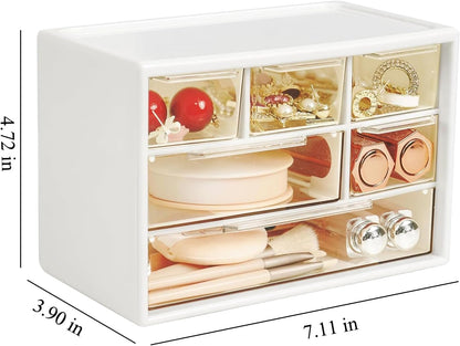 Small Drawer Organizer for Desk, 7.1" x 3. 8" x 4.6" Mini Desktop Drawer Organizer with 9 Clear Drawers, Plastic Desktop Craft Storage Box for Desk Office School Home (White)