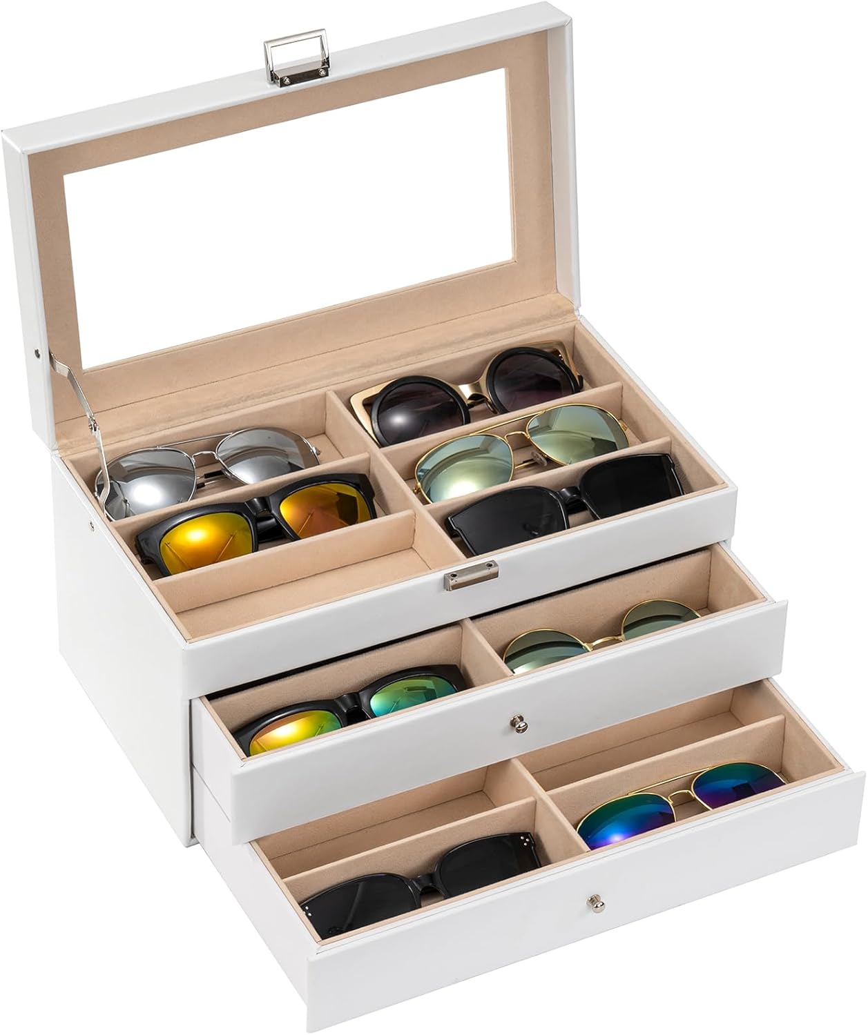 ProCase 3-layer Sunglasses Storage Organizer, 18 Slots Leather Sunglass Box Multiple Pairs Eyeglass Cases Eye Glass Eyewear Display Holder for Men Women, Valentine's Day Gift -Black