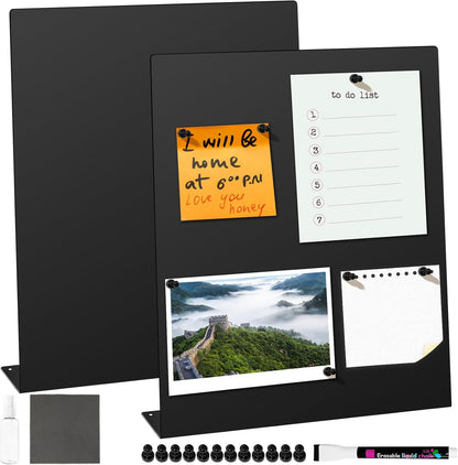 2 Pack Magnetic Bulletin Board Set, Magnetic Display Board, Small Desktop Magnet Stand, Contains Pen & 12 Magnet Clasps, for Home, School, Kitchen, Office Notice Display 12.6×11×2.6 inches