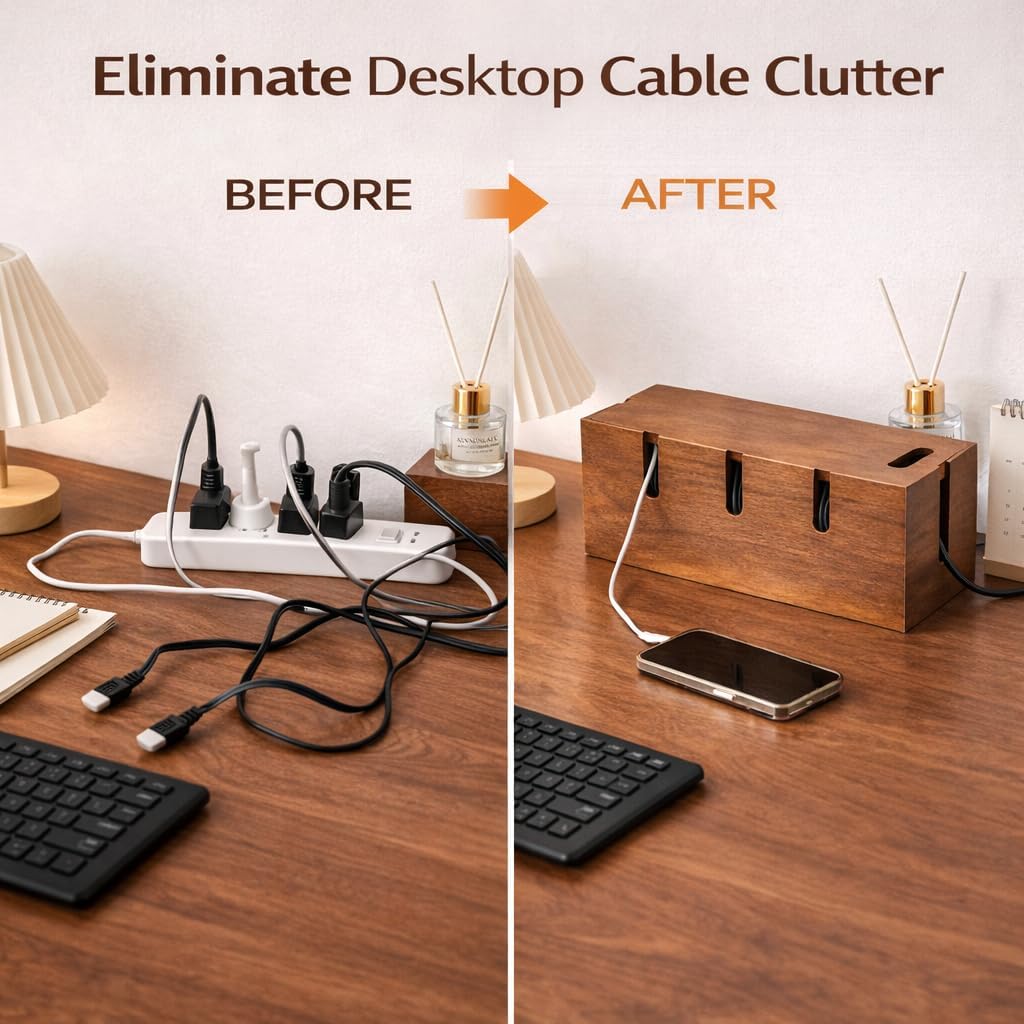 Wood Cable Management Box for Desk & TV – Cable Organizer Box to Hide Cords, Power Strips & Chargers, Decorative Cord Hider, Includes 20 Reusable Cable Ties