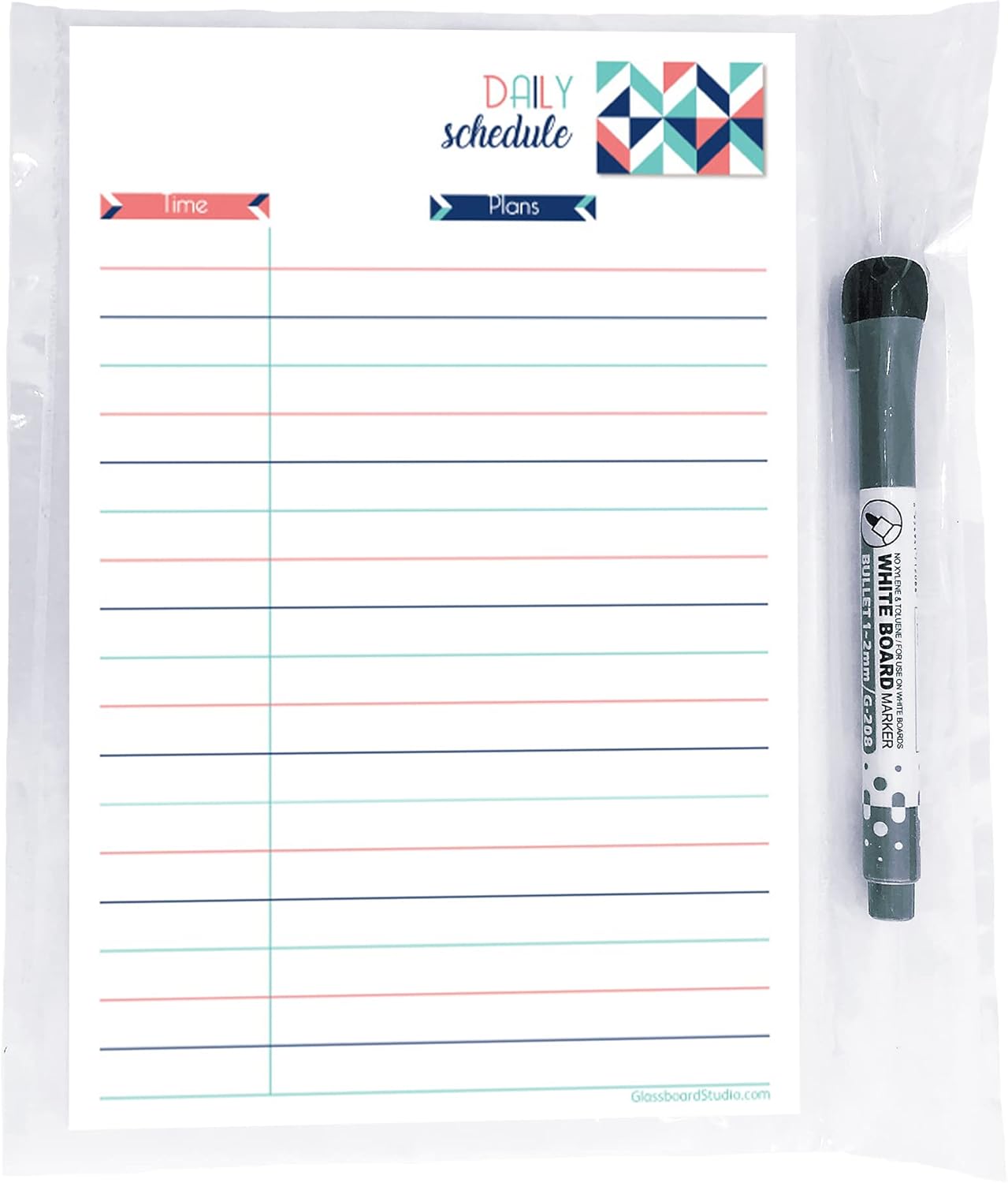 Dry Erase Daily Schedule Planner Sticker Decal by Glassboard Studio | Removable & Reusable | Magnetic Fine-Tip Marker Included (9 x 12 inches, White)