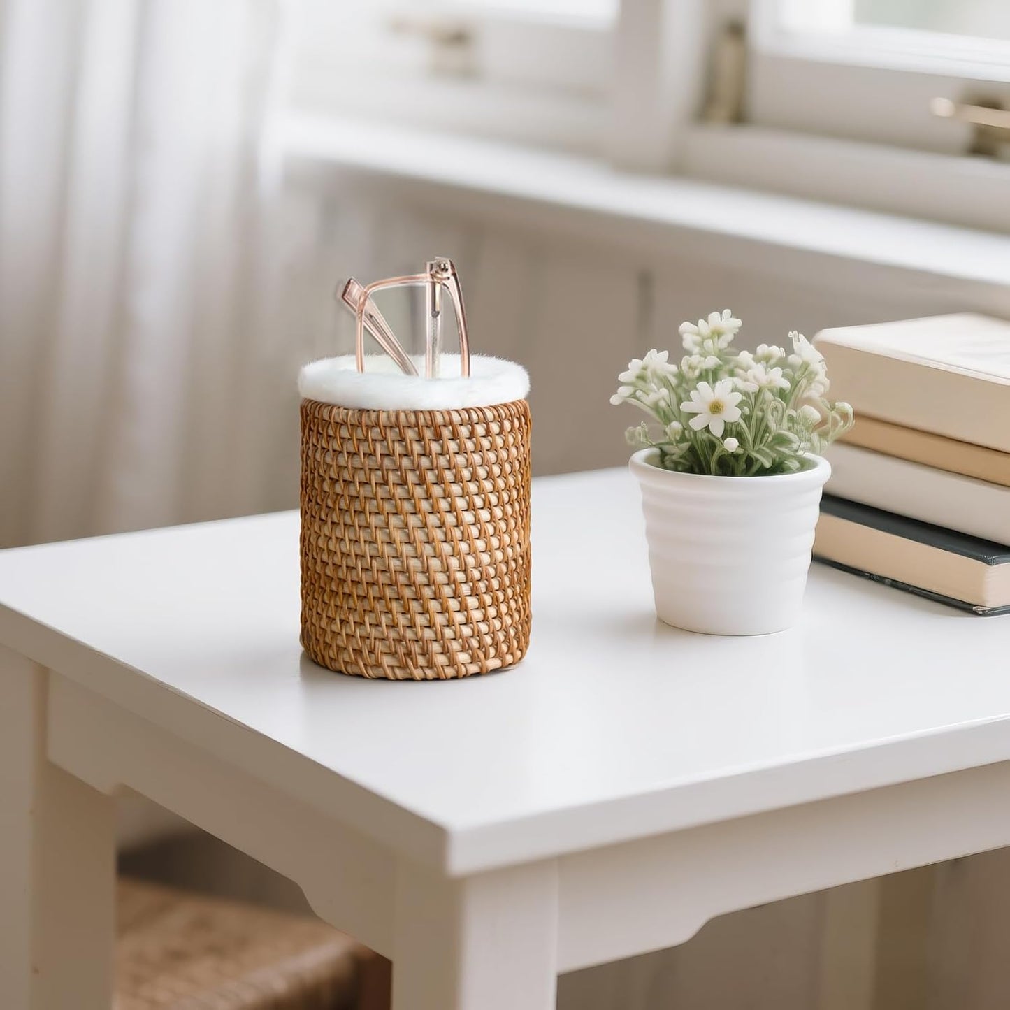 Mkono Glasses Holder for Nightstand Rattan Protective Glasses Stand for Glass Eyeglass Organizer Holder for Desk, Table