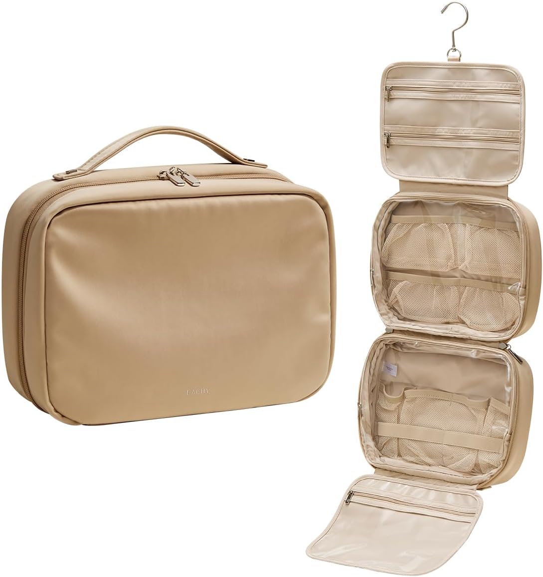 EACHY Toiletry Bag with Hanging Hook, Travel Makeup Bag PU Leather Cosmetic Bags for Women Make Up Organizer with 4 Compartments Waterproof Full-Size Portable Travel Essentials (Beige)