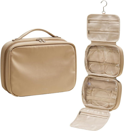 EACHY Toiletry Bag with Hanging Hook, Travel Makeup Bag PU Leather Cosmetic Bags for Women Make Up Organizer with 4 Compartments Waterproof Full-Size Portable Travel Essentials (Beige)