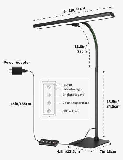 Desk Lamp with USB Charging Port for Home Office 24w Architect Remote Base Dual Task Led Light Modern 5 Color Modes Dimmable Adjustable Gooseneck Double Head Reading Drafting Eye Caring Tall Lamps
