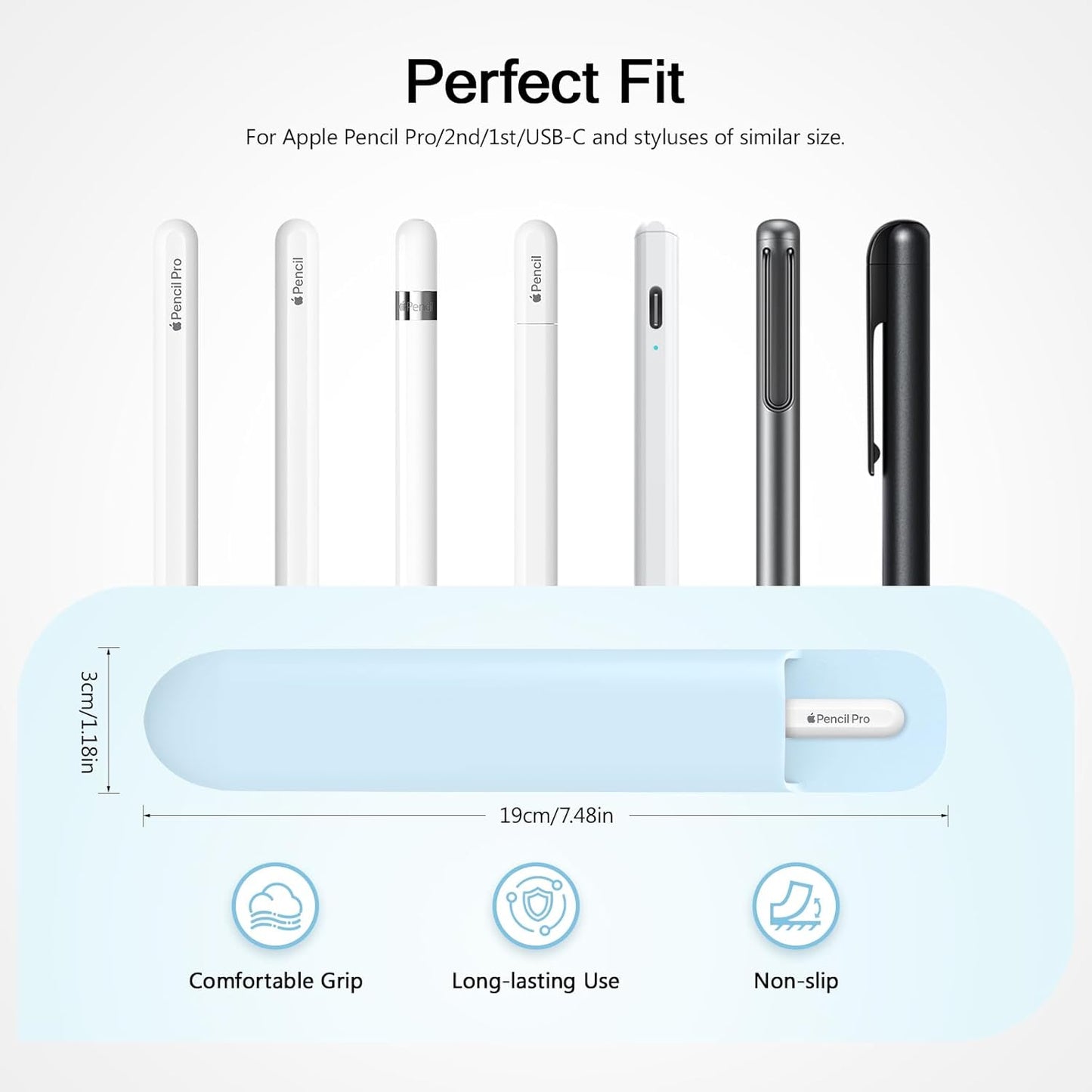 MoKo Pencil Case Holder, Adhesive Silicone Pencil Protected Sleeve Compatible with Apple Pencil Pro/ (USB-C)/ 1st/ 2nd Generation, Similarly Sized Styluses Accessories, Black