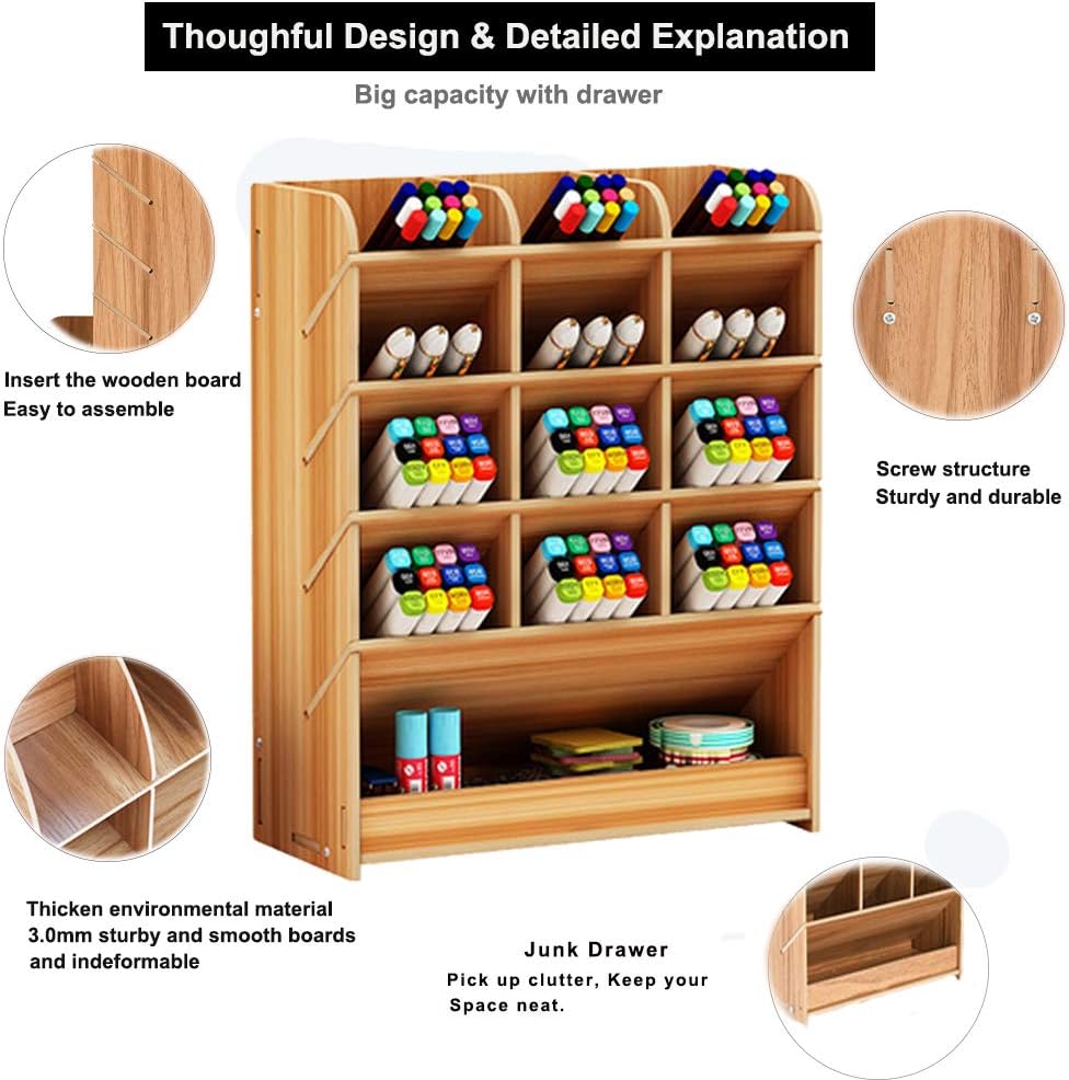 Marbrasse Wooden Desk Stationary Organizer, Multi-Functional Pen Holder, Storage Rack for School Home Office Art Supplie (B16-Cherry Color)