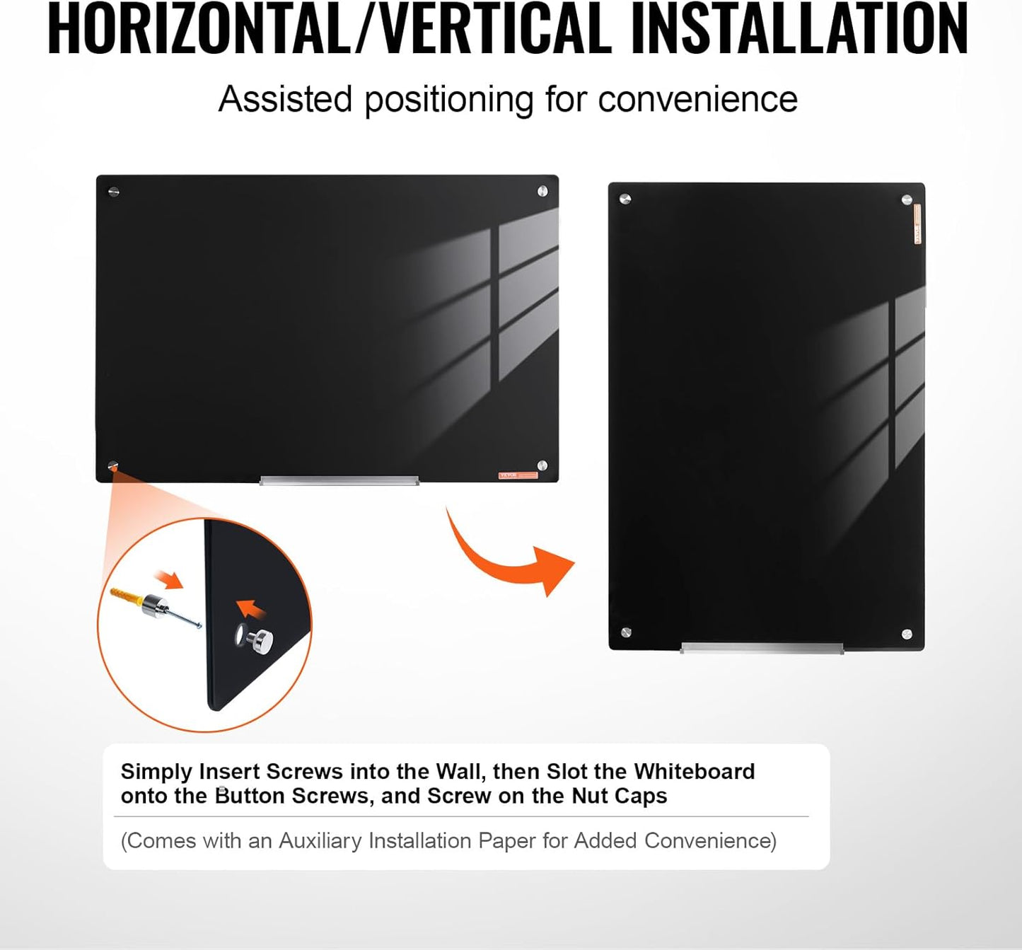 VEVOR Magnetic Glass Whiteboard, Dry Erase Board 36"x24", Wall-Mounted Large White Glassboard Frameless, with Marker Tray, an Eraser and 2 Markers, Black