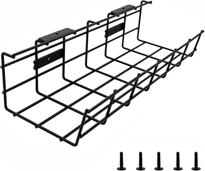 Under Desk Cable Management- 2 Pack Cord Organizer. Metal Wire Cable Management Tray for Office, Studio and Home. Super Sturdy Under Table Cable Management - Black Cable Organizer