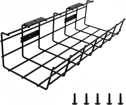 Under Desk Cable Management- 2 Pack Cord Organizer. Metal Wire Cable Management Tray for Office, Studio and Home. Super Sturdy Under Table Cable Management - Black Cable Organizer