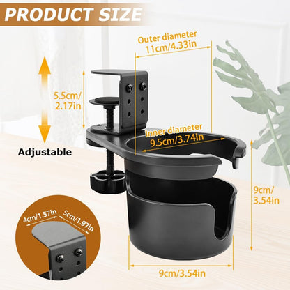 Desk Cup Holder, 360° Rotating Anti-Spill Cup Holder for Desk or Table, Adjustable Clamp Bottles Holder for Gaming Room, Home, Office to Hold Coffee Mugs