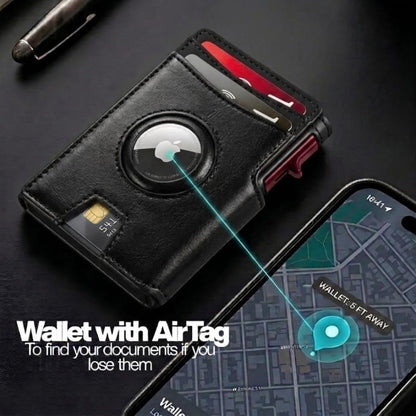 Mens Wallet with AirTag Holder, RFID Blocking, Pop-Up Aluminum Card Holder, ID Window, Money Clip, Fits up to 12 Cards, Slim & Minimalist, Smart, MicroFiber (Black), Gift Box, Billetera para Hombre