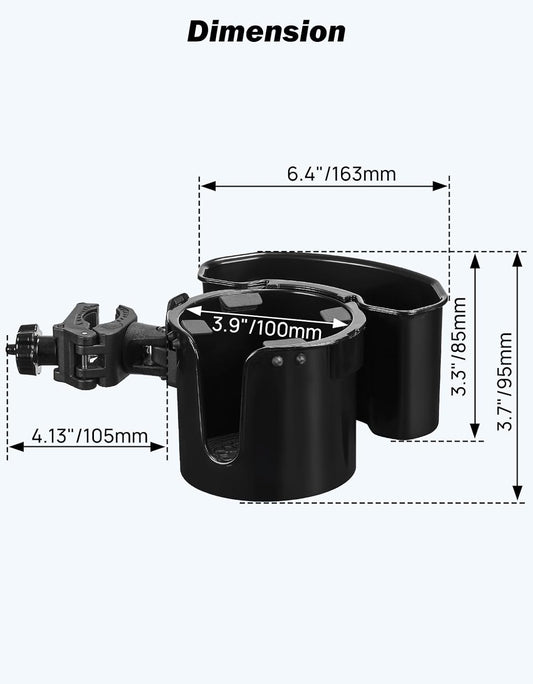 JOYTUTUS Wheelchair Cup Holder, 2-in-1 Walker Cup Holder with 6.4'' Large Storage Box, Drink Holder for Bottle with Handle, Fit for Wheelchair, Walker, Rollator, Stroller, Camper, Golf cart (Large)