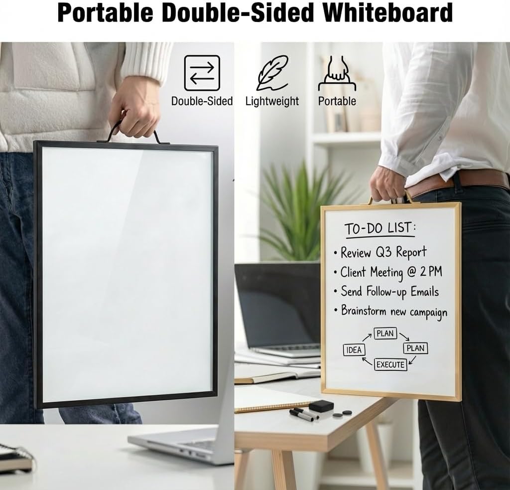Magnetic Dry Erase Board 12x16 with Foldable Stand, Portable Gold Desktop Whiteboard for Home, Office, School & Kitchen, Includes Weekly & Monthly Magnetic Planner Sheets