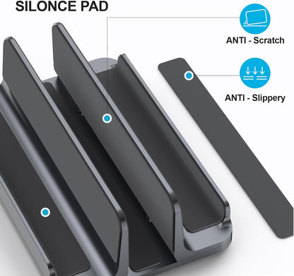YICOSUN Dual-Slot Aluminum Vertical Laptop Stand for Desk - Adjustable Width Dock for MacBook, Surface, Samsung, HP, Dell up to 17.3 inches - Space-Saving & Protective Design - Gray