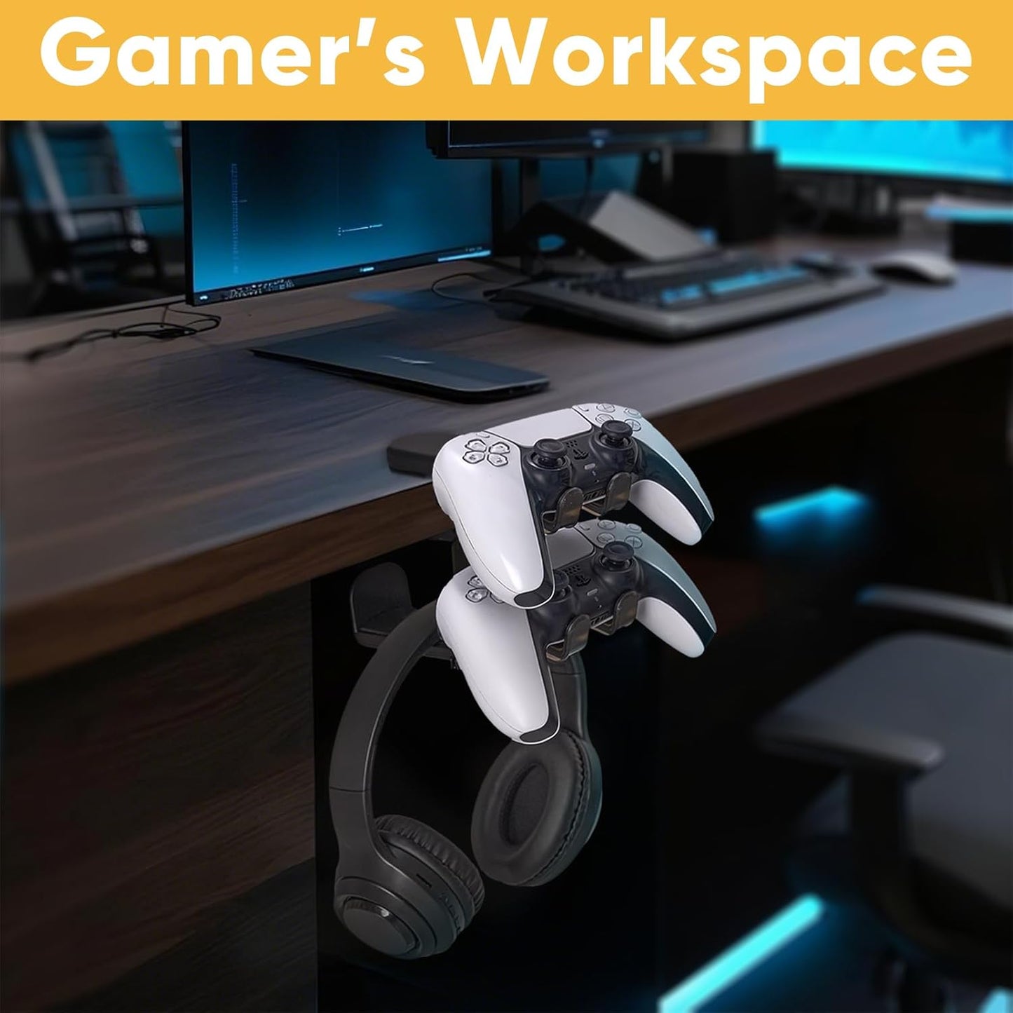 Under Desk Headphone Hanger with Strong Adhesive and Screws Mount, 360° Rotatable Dual Headset Holder Stand, Aluminum Metal Adjustable Headphone Hook, Perfect for Home Gaming & Office - Black