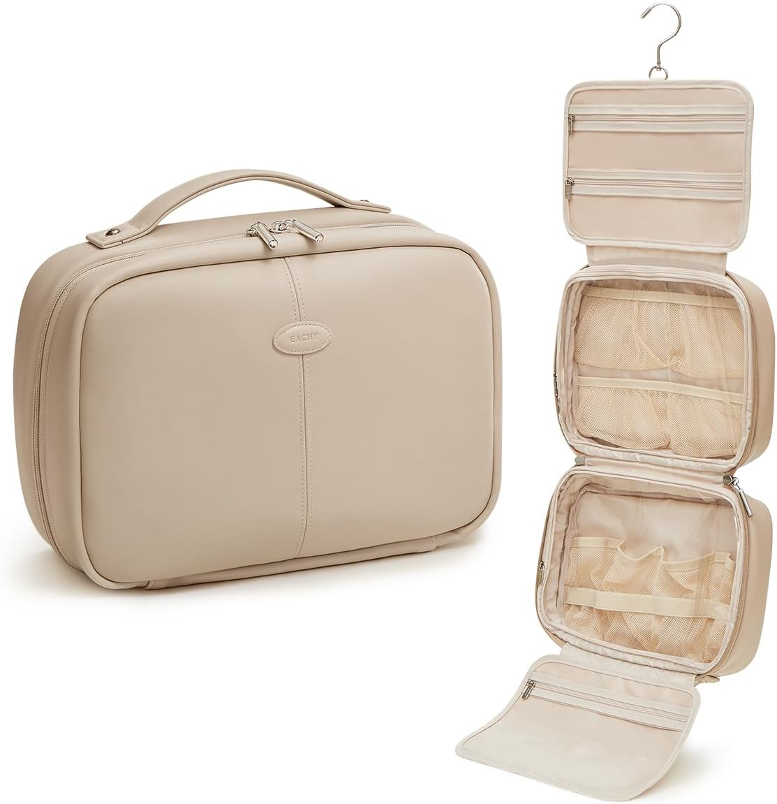 EACHY Toiletry Bag with Hanging Hook, Travel Makeup Bag PU Leather Cosmetic Bags for Women Make Up Organizer with 4 Compartments Waterproof Full-Size Portable Travel Essentials (Beige)