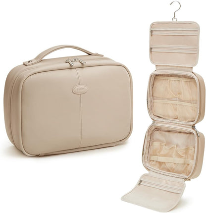 EACHY Toiletry Bag with Hanging Hook, Travel Makeup Bag PU Leather Cosmetic Bags for Women Make Up Organizer with 4 Compartments Waterproof Full-Size Portable Travel Essentials (Beige)