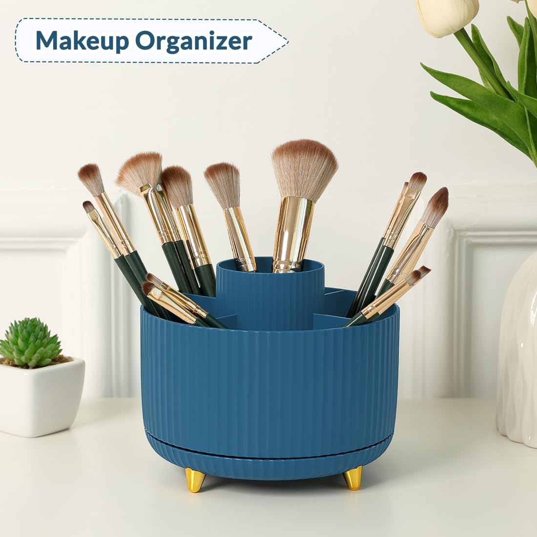 SKYDUE 360 Rotating Plastic Desk Pen Organizer with 5 Slots, Dual-Purpose Art Supply Pencil Cup for Office, School, Home
