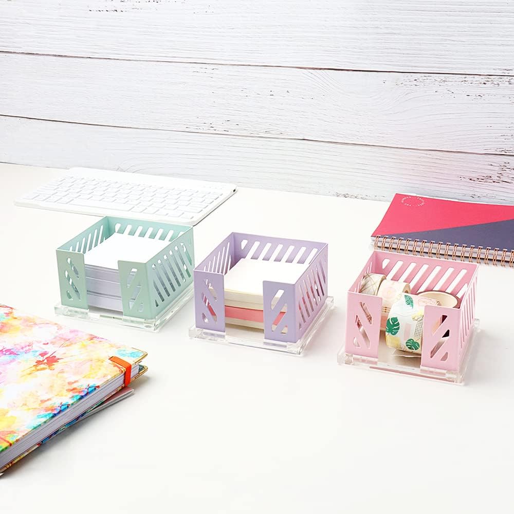 Sticky Note Holder Memo Pad Cube Dispenser 3.5 x 3.5Inch Notepad Holder Acrylic Base Purple Metal Mesh Desk Organizer for Home Office Supplies (Purple Memo Pad Holder)