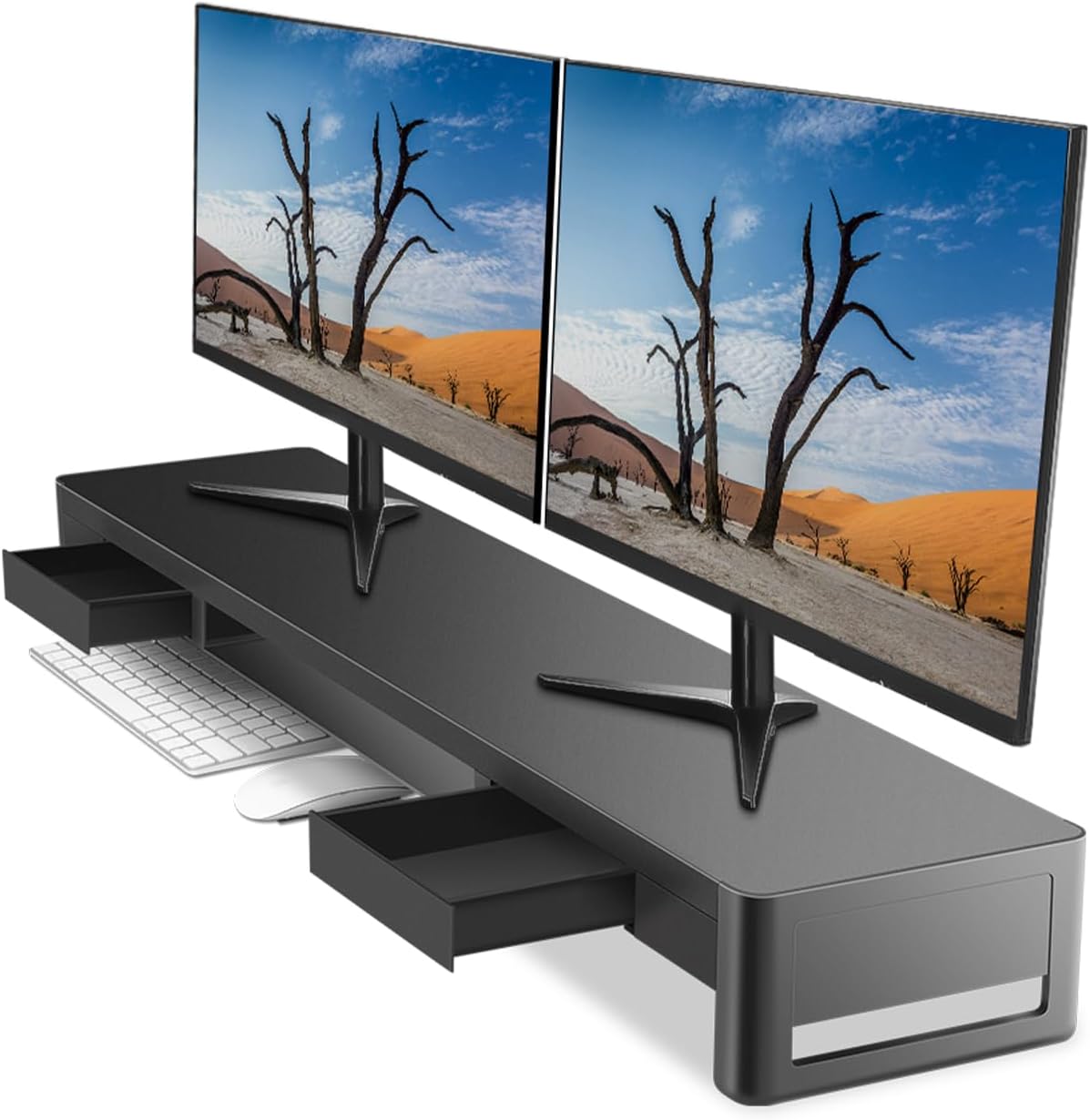 meatanty 3 In 1 Monitor Stand Riser with 2 Drawers,1 Wireless Charging Module and 4 USB Ports,Metal Computer Stand Support Transfer Data & Charging,Desk Organizer for PC,iMac (21 inches)