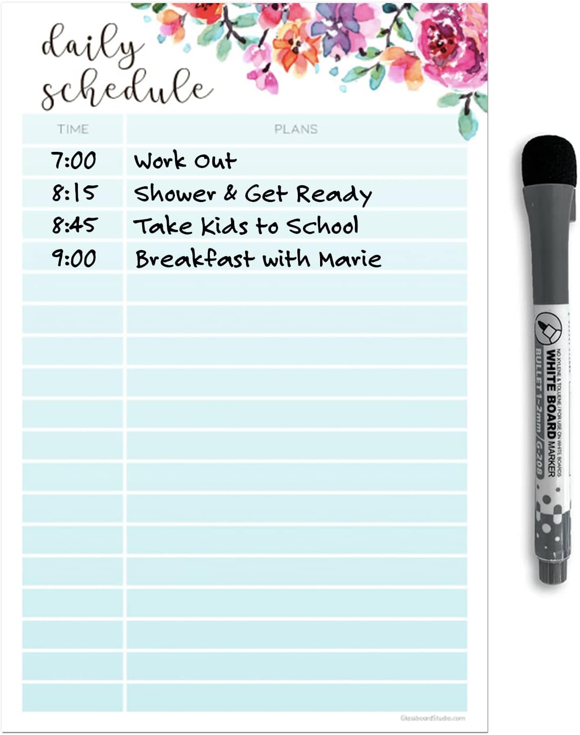 Dry Erase Daily Schedule Planner Sticker Decal by Glassboard Studio | Removable & Reusable | Magnetic Fine-Tip Marker Included (9 x 12 inches, White)