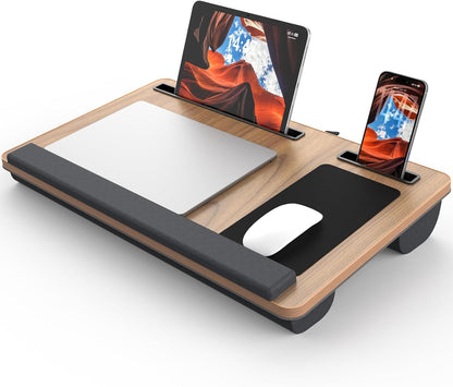 Potuopy Lap Desk- Fits up to 17” Laptop Lap Desk with Wrist Pad, Laptop Lap Pad, Lap Desks for Adults Laptop Stand for Bed with Cushion and 2 Upgraded Mouse Pads, Tablet and Phone Slots (Dark Brown)