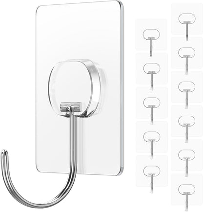 JINSHUNFA Adhesive Wall Hooks 13LB Heavy Duty No Drill Large Transparent Waterproof Hooks for Bathroom Kitchen Towel Coat 8 Pack